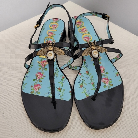 Gucci Shoes - Gucci Black Sandals with Gold Bee Detail